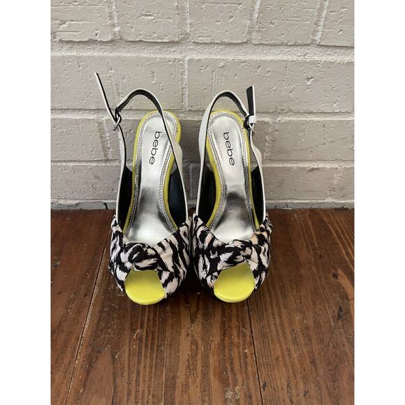 Bebe Roxanne Black/White/Neon Yellow Peep Toe Slingback 5" Platform Heel Size 5 - Picture 2 of 11